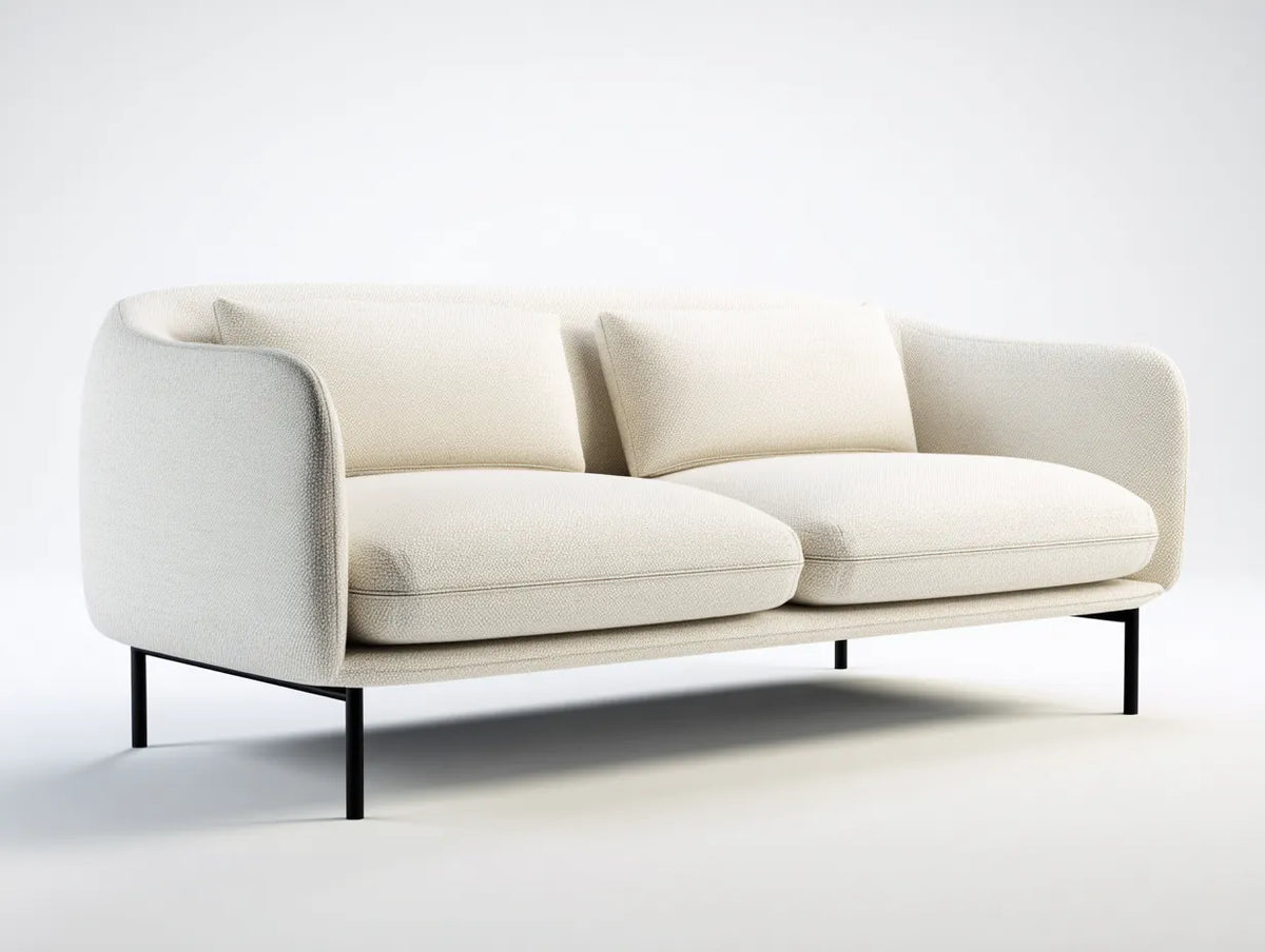 Divano soggiorno 210×90×78 cm in tessuto crema e metallo nero - stile contemporaneo con profilo avvolgente