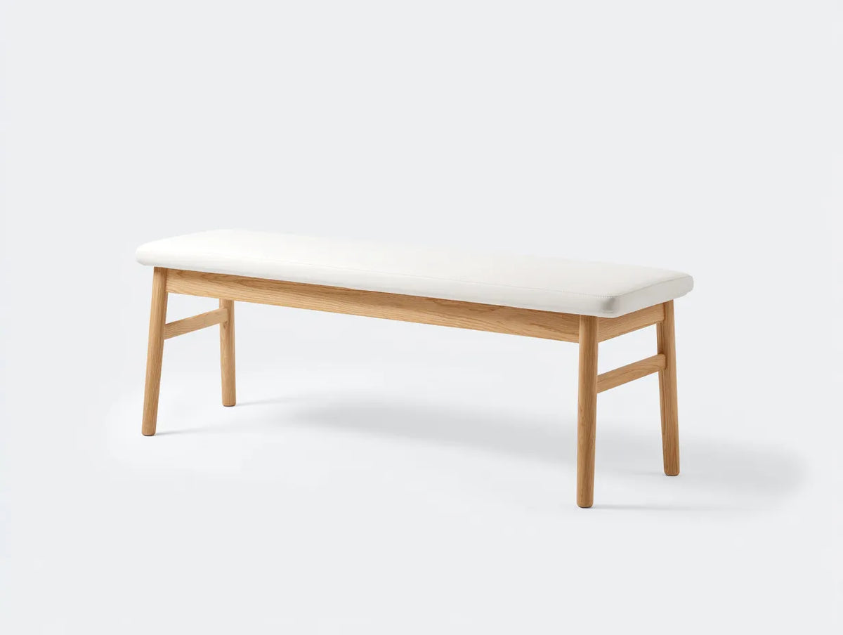 Panca camera da letto 145×40×46 cm in legno marrone chiaro e tessuto bianco - stile minimalista con seduta imbottita