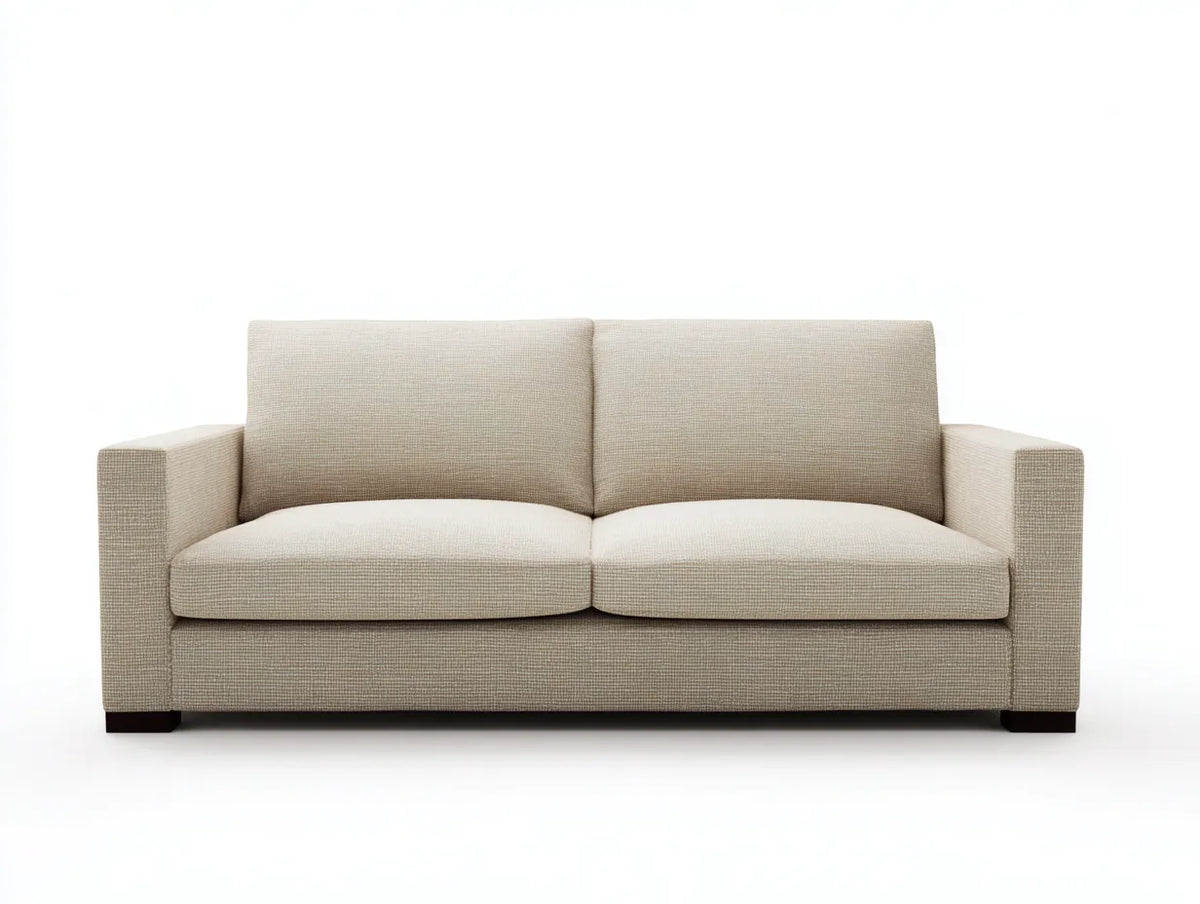Divano soggiorno 205×88×82 cm in tessuto beige e struttura marrone scuro - stile moderno con seduta ampia
