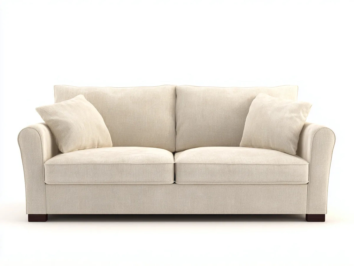 Divano soggiorno 218×92×84 cm in tessuto crema e struttura marrone scuro - stile classico moderno con braccioli arrotondati