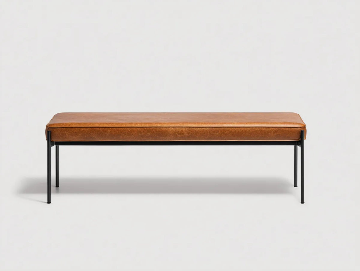 Panca camera da letto 148×41×47 cm in similpelle marrone e metallo nero - stile essenziale con seduta imbottita