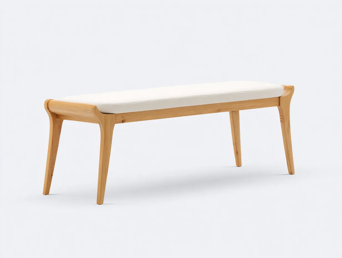 Panca camera da letto 150×42×47 cm in legno marrone chiaro e tessuto bianco - stile naturale con seduta imbottita