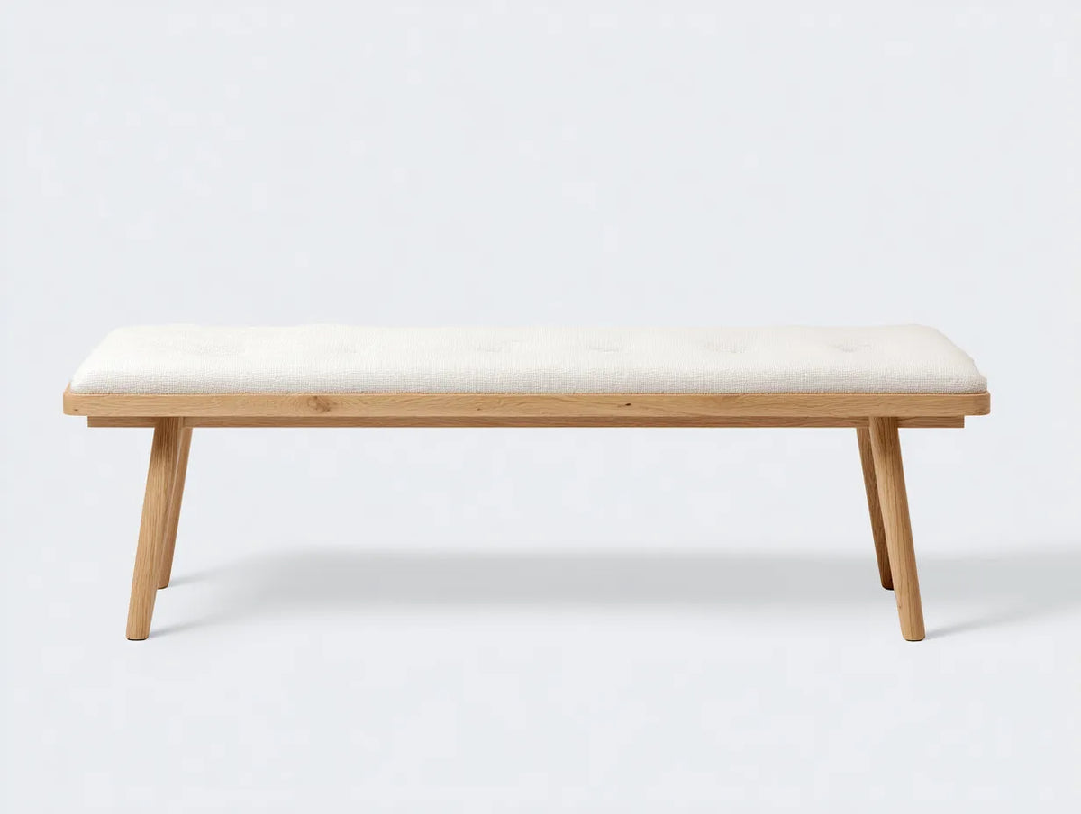Panca da camera da letto 122×40×44 cm - tessuto beige e legno naturale - seduta imbottita essenziale